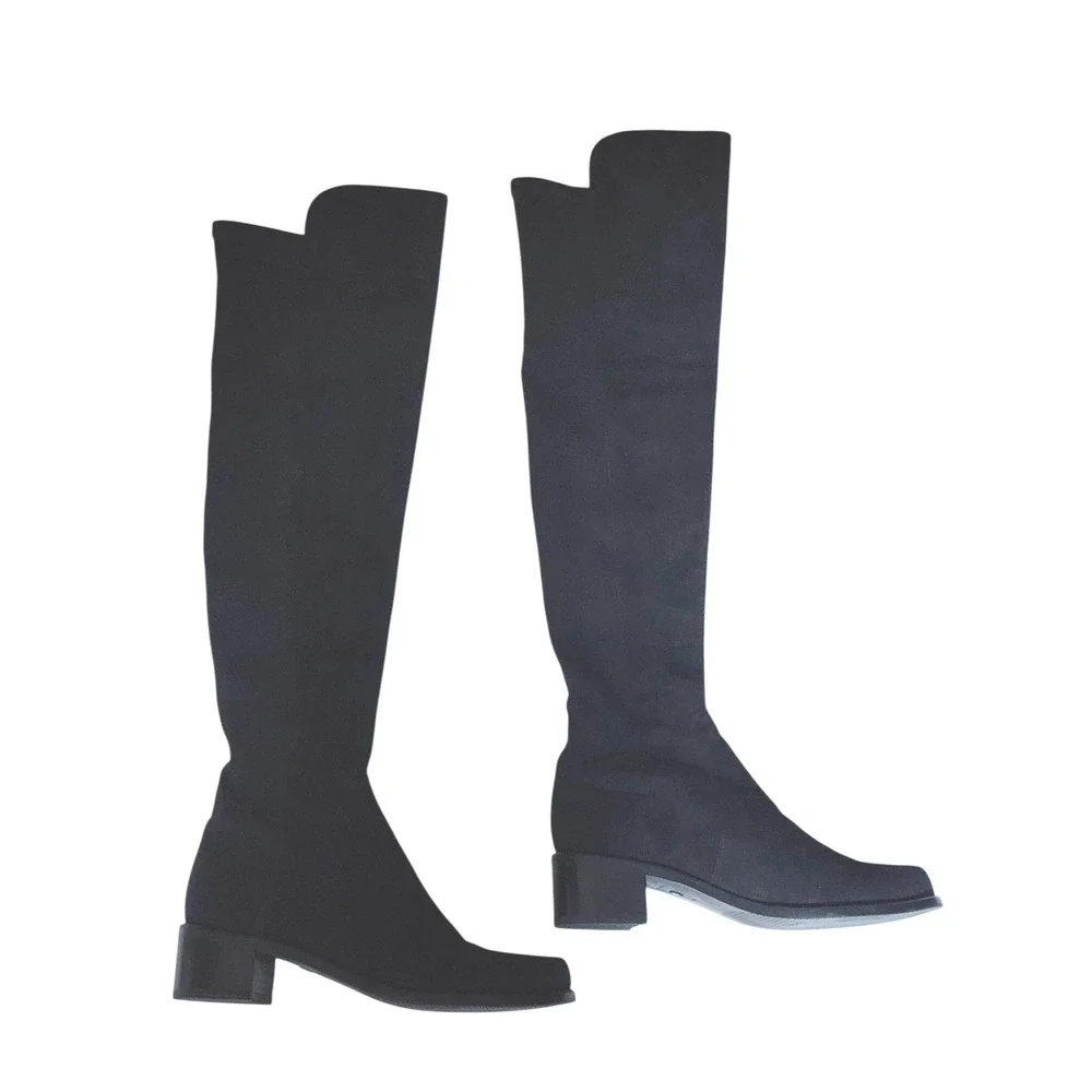 Stuart Weitzman 50/50 Black Suede Over The Knee Boots Low Block Heel Size 6.5
